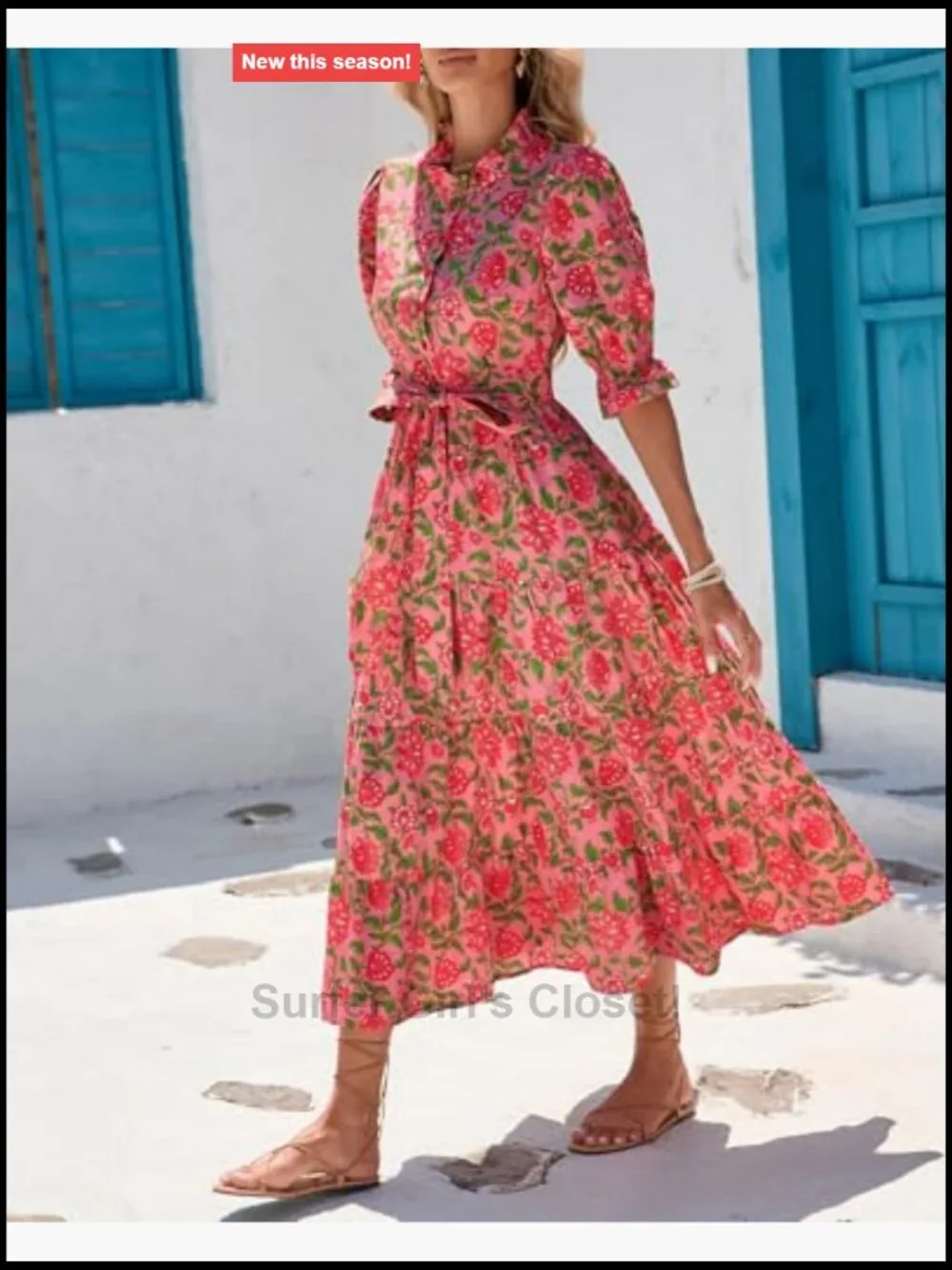 Floral Printed Stand Ruffle Collar Midi Dress Half Sleeve Button Down Flowy